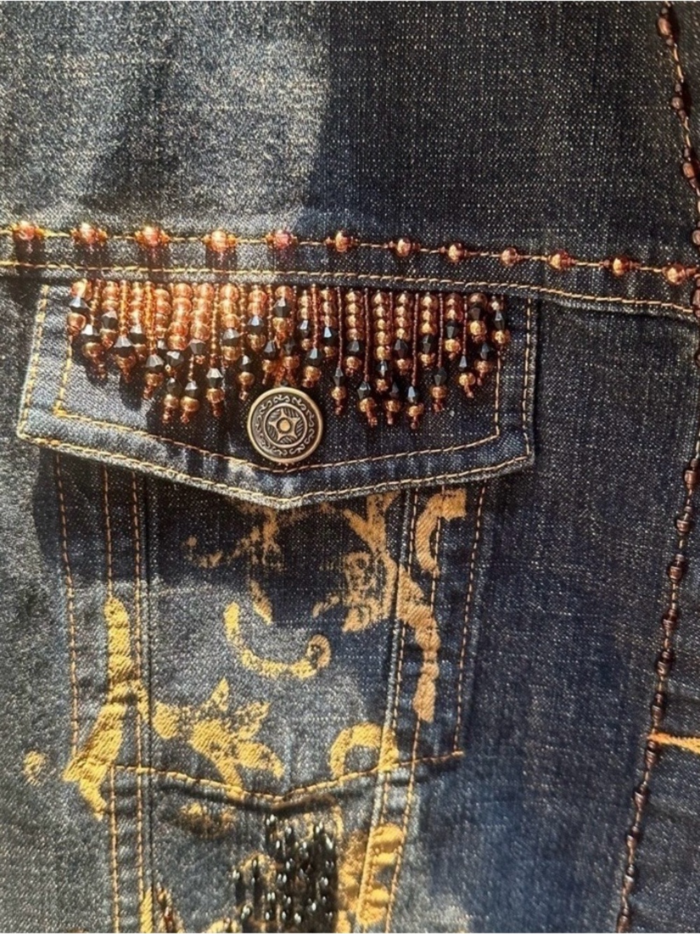 Western Beaded Embellished Dark Wash Denim Vest Boxy Sz M Cowgirl Layering